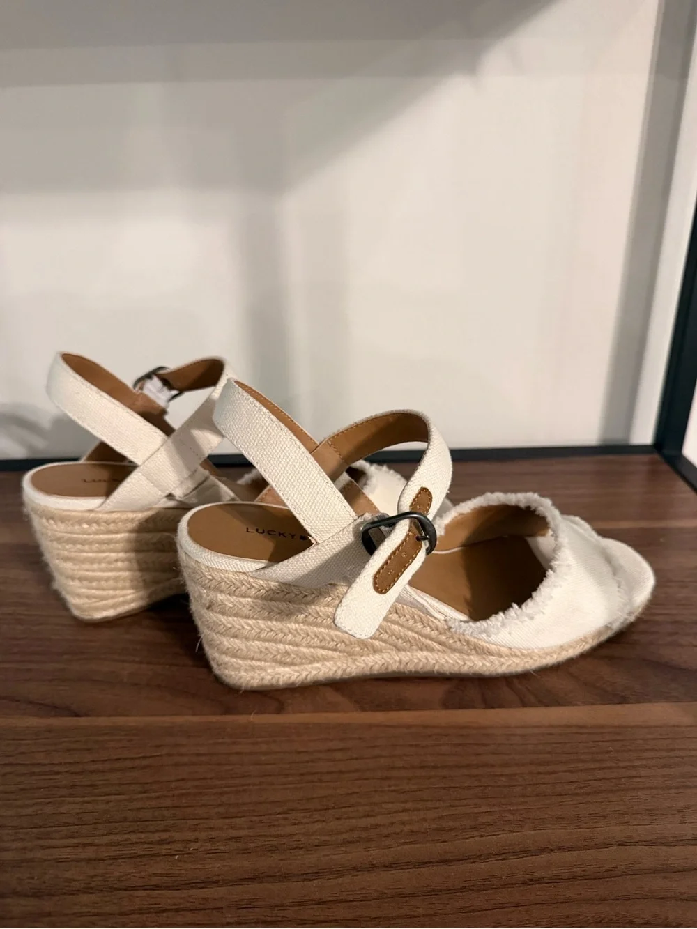 Lucky Brand Cream Canvas Espadrille Wedge Sandals